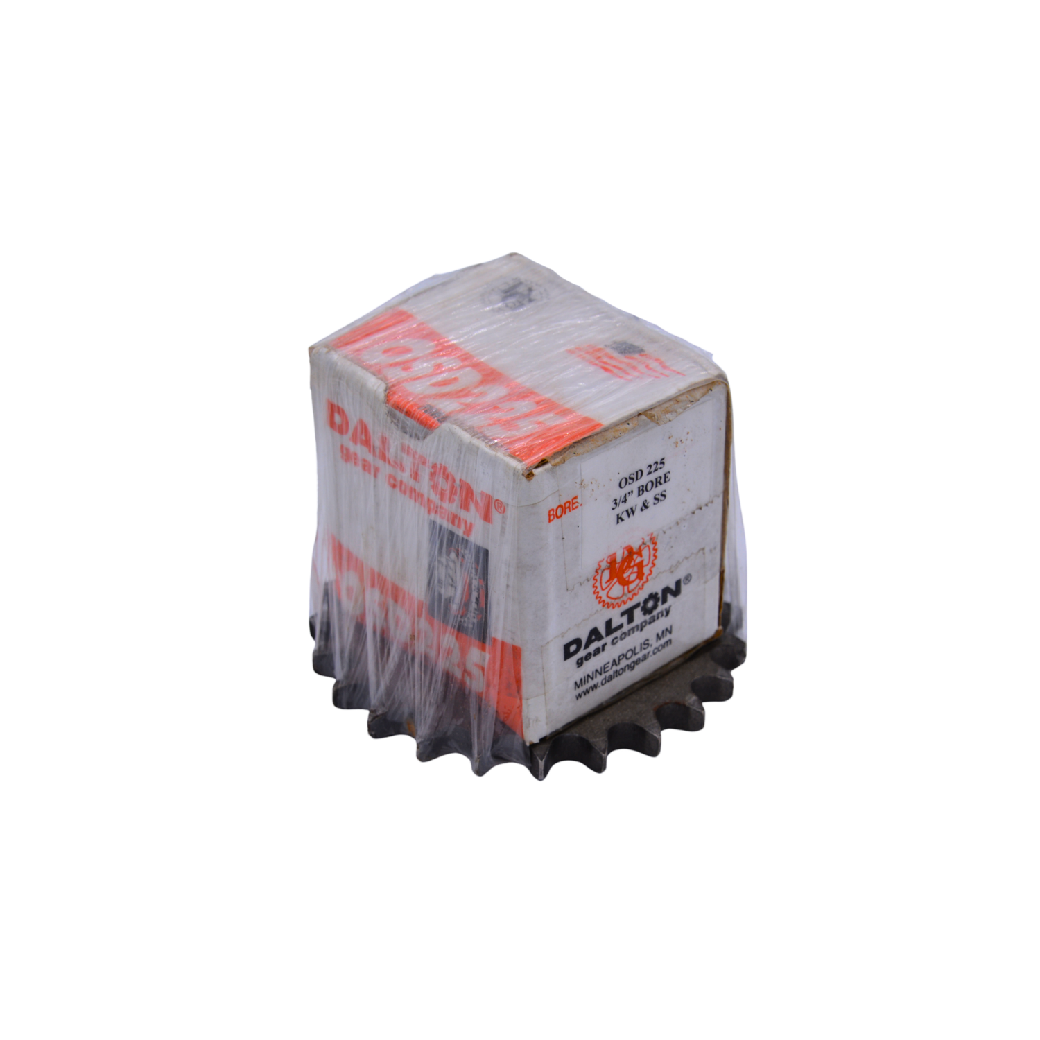 Box of Dalton products with a metal gear on a white background