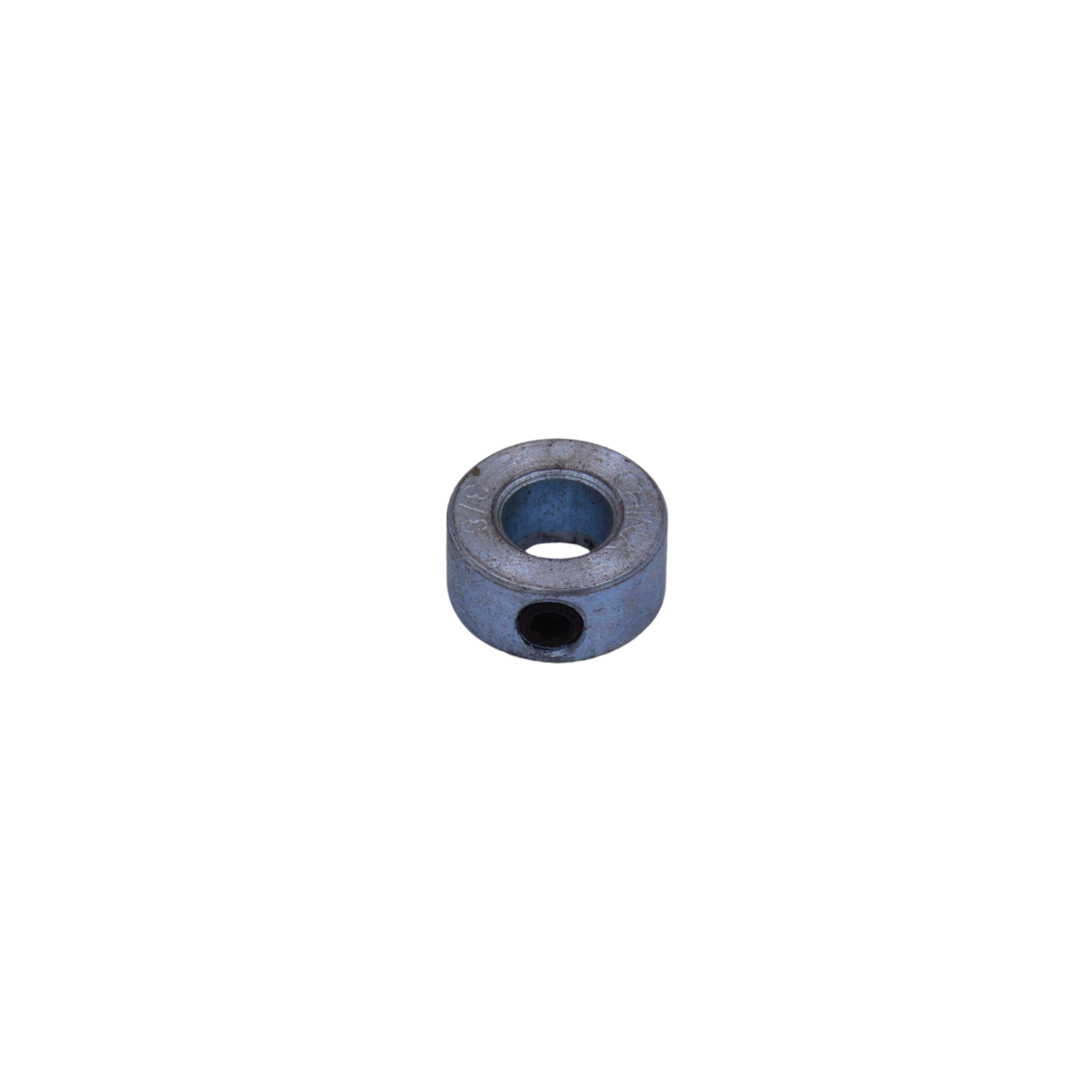 A metal component with a hole on a white background