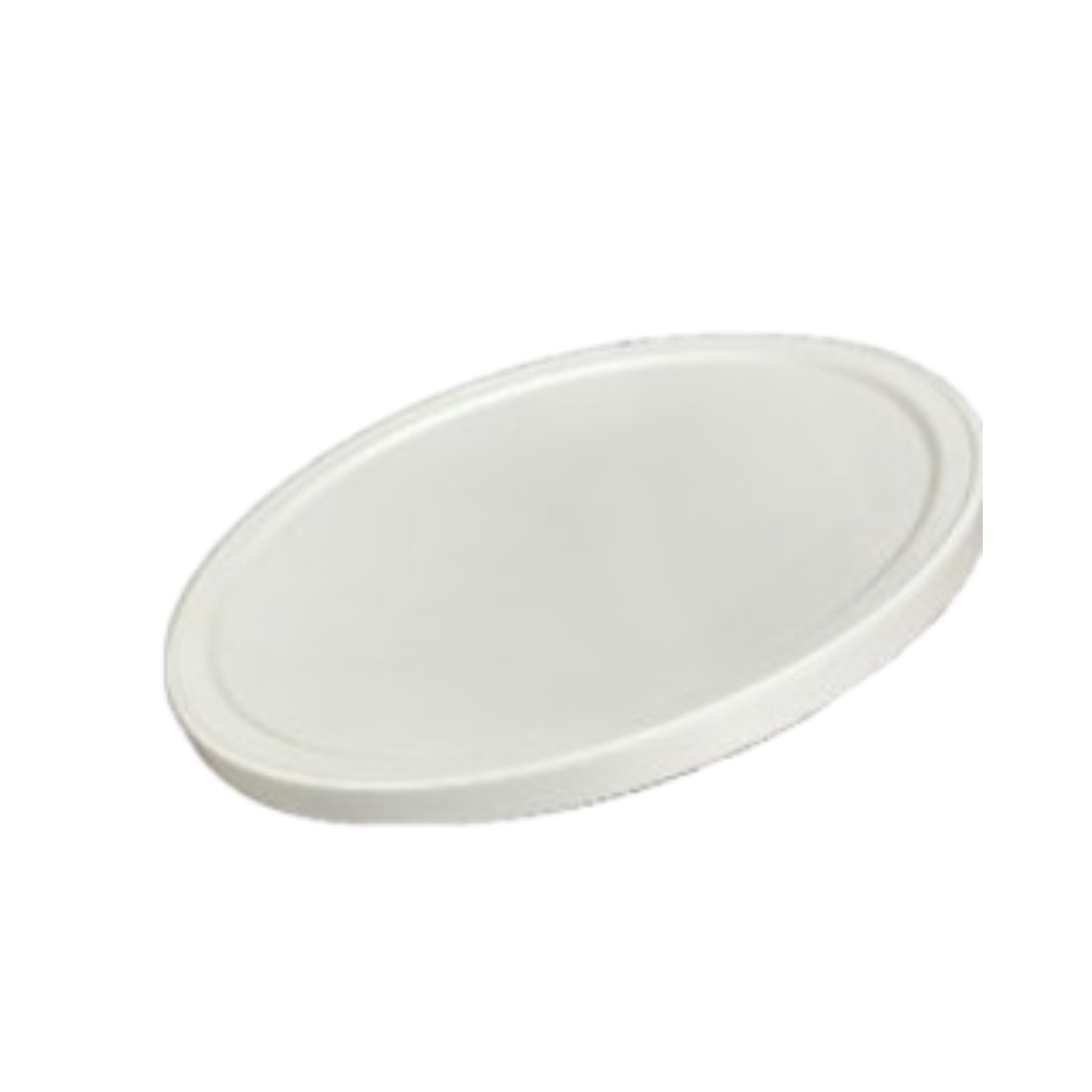 A white, oval-shaped plastic lid shown at an angle on a plain background. The lid has a smooth surface with a slightly raised inner rim.