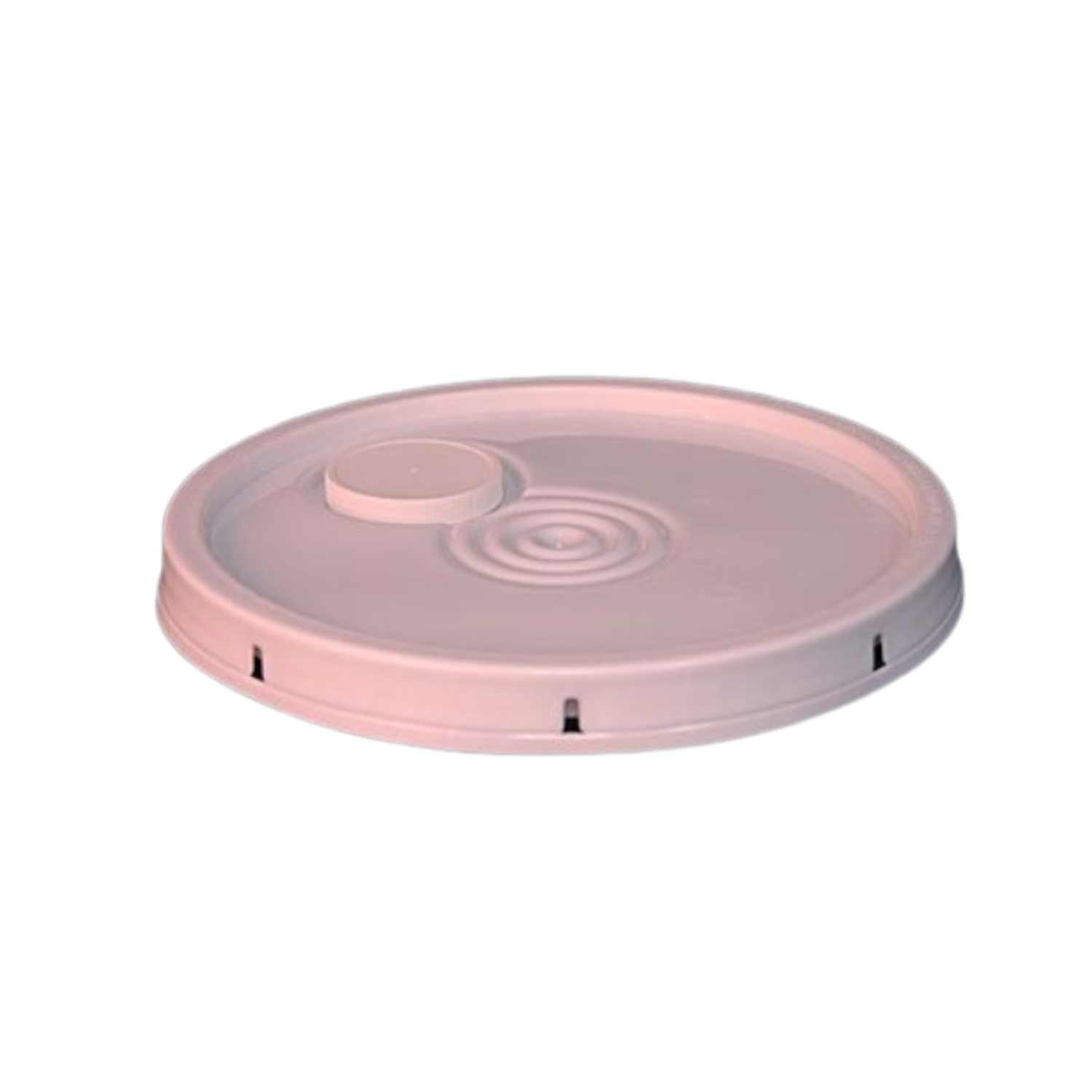 A white plastic bucket lid shown from a slight angle, featuring a small round removable cap near the edge and several circular raised rings molded into the center. The lid has evenly spaced rectangular locking slots around the rim.