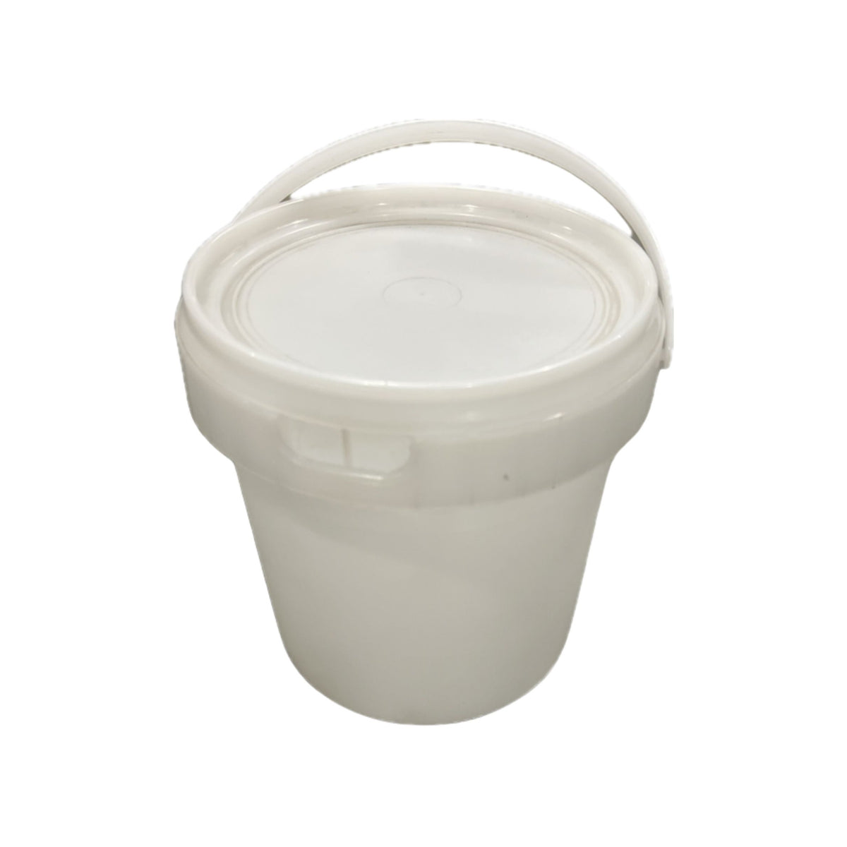 A white plastic storage bucket with a matching screw-on lid and integrated carrying handle, shown on a plain white background.