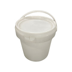 A white plastic storage bucket with a matching screw-on lid and integrated carrying handle, shown on a plain white background.