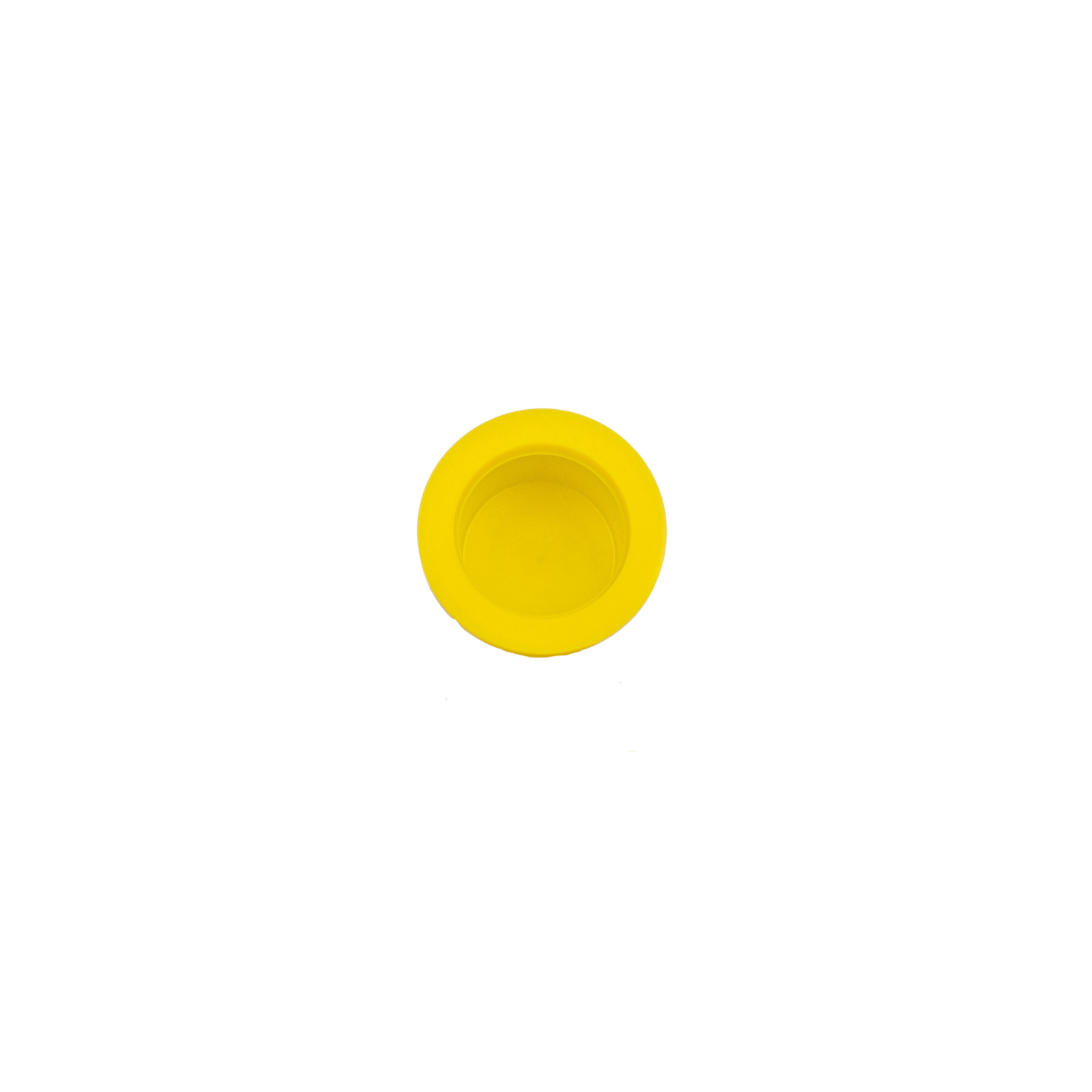 Bright yellow shallow plastic dish viewed from above on a white background, with a subtle reflection beneath it.