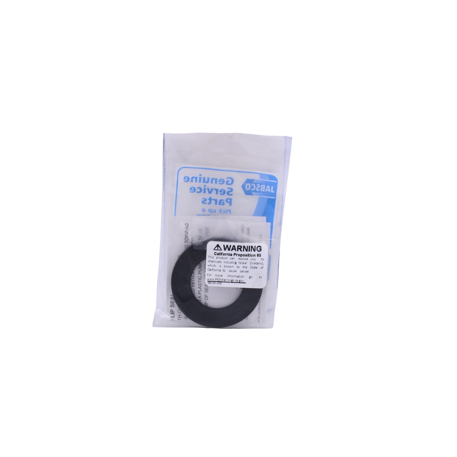 A black circular rubber gasket in a clear plastic bag with a blue and white LABCO Genuine Service Parts label and a warning sticker, on a plain white background.