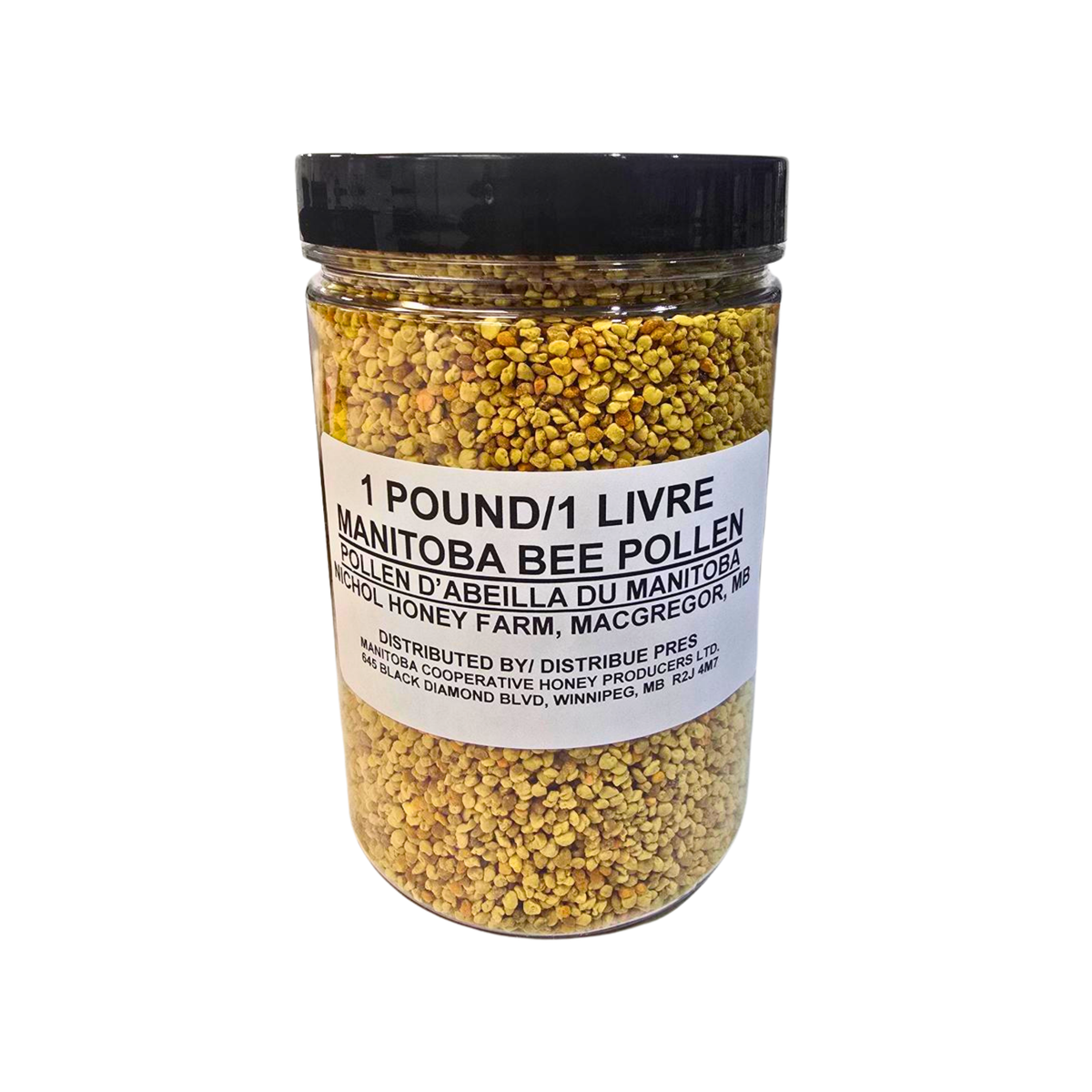 Jar of Manitoba Bee Pollen with a label on a white background