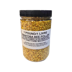 Jar of Manitoba Bee Pollen with a label on a white background