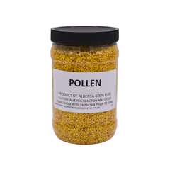 Jar of pollen with a black lid on a white background