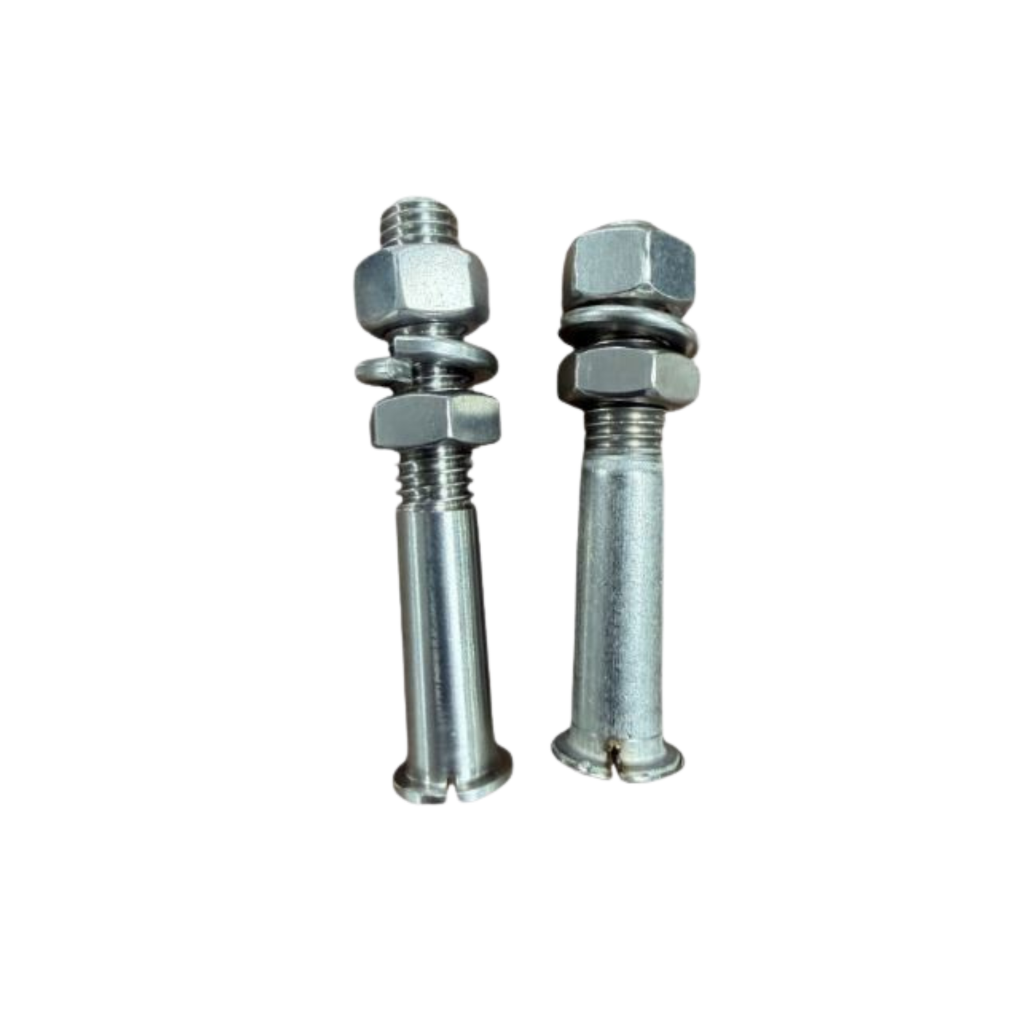 Two metal bolts with nuts on a white background
