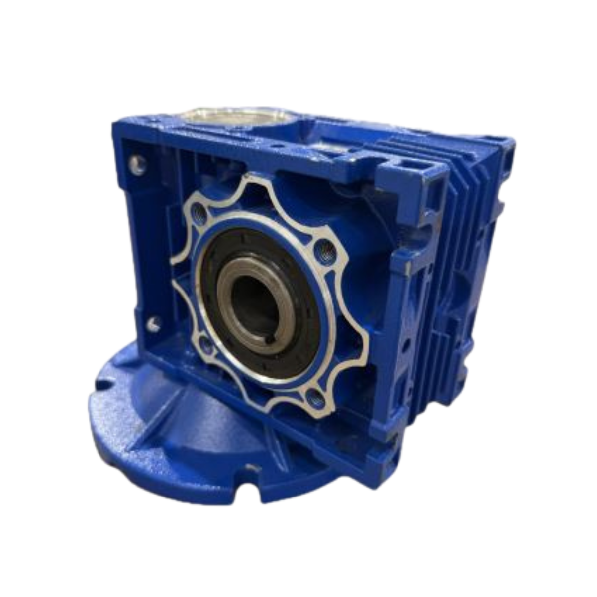 Blue gear box with a bearing on a white background