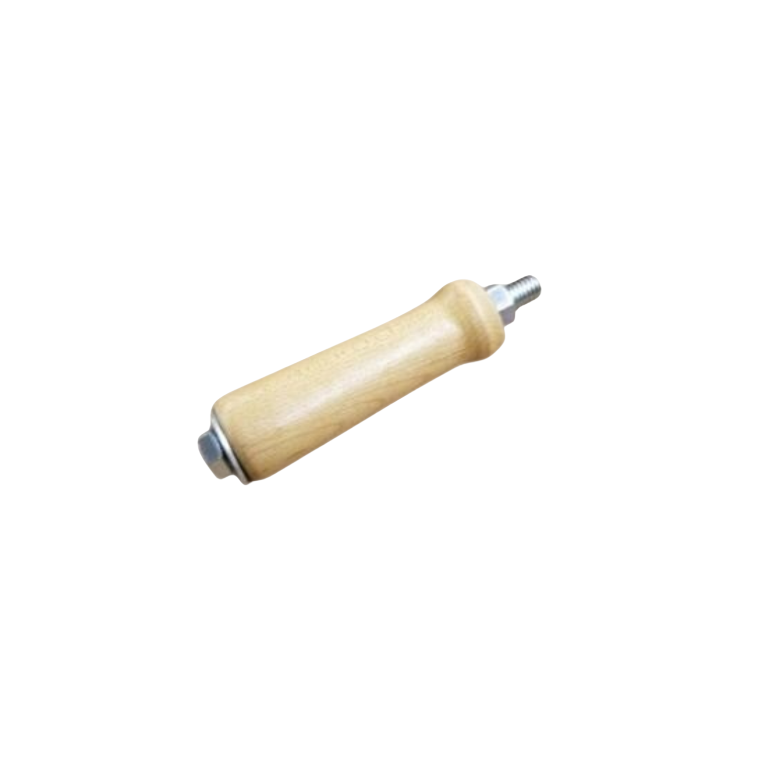 A wooden handle with metal ends on a white background