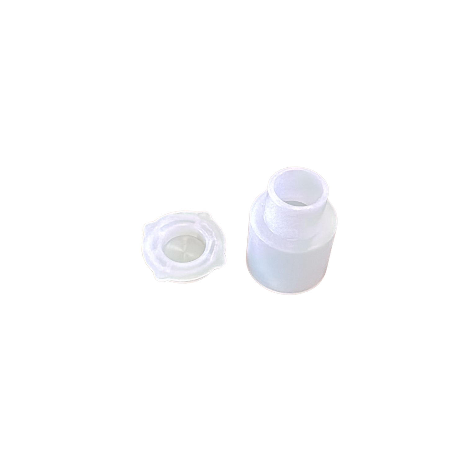 Two small white plastic pieces shown against a plain background. One piece is cylindrical with a stepped shape, and the other is a round cap with recessed grip sections on the sides