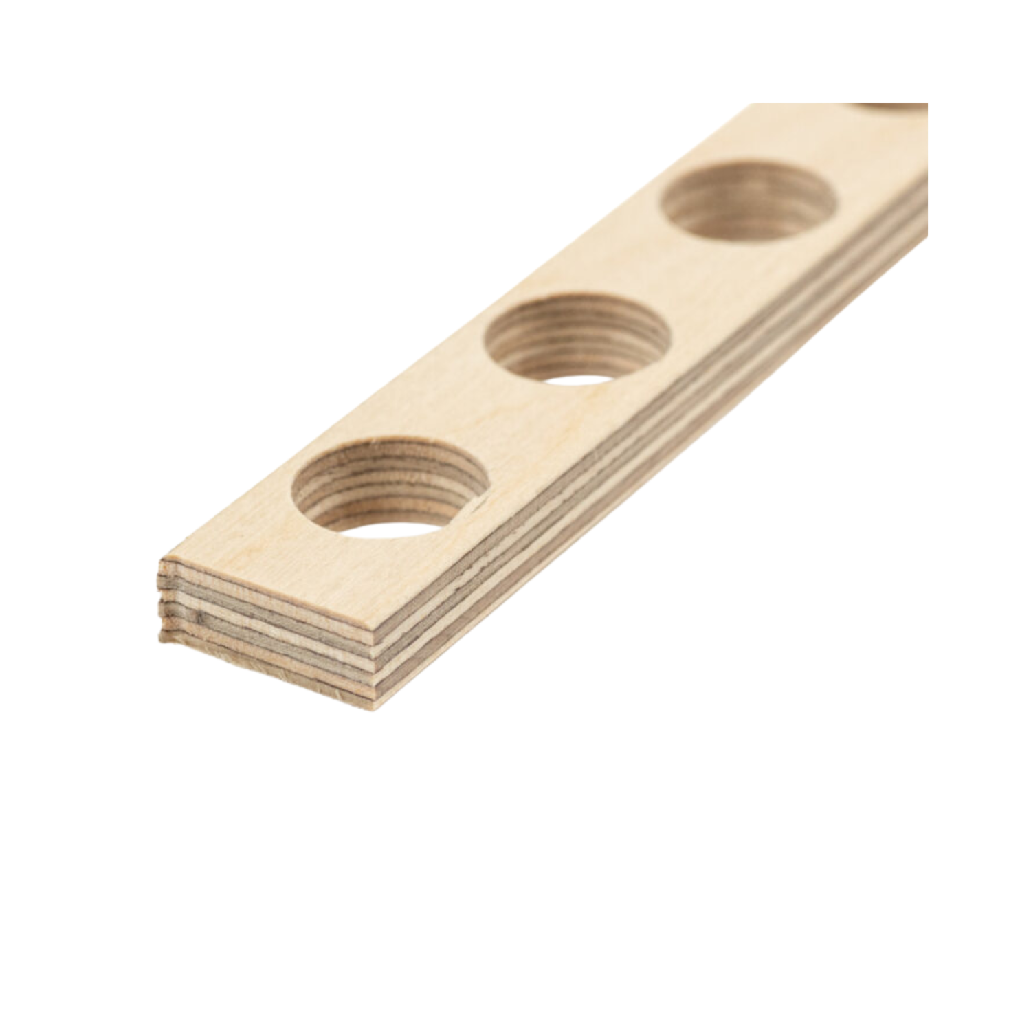 Wooden strip with three multiple holes on a white background