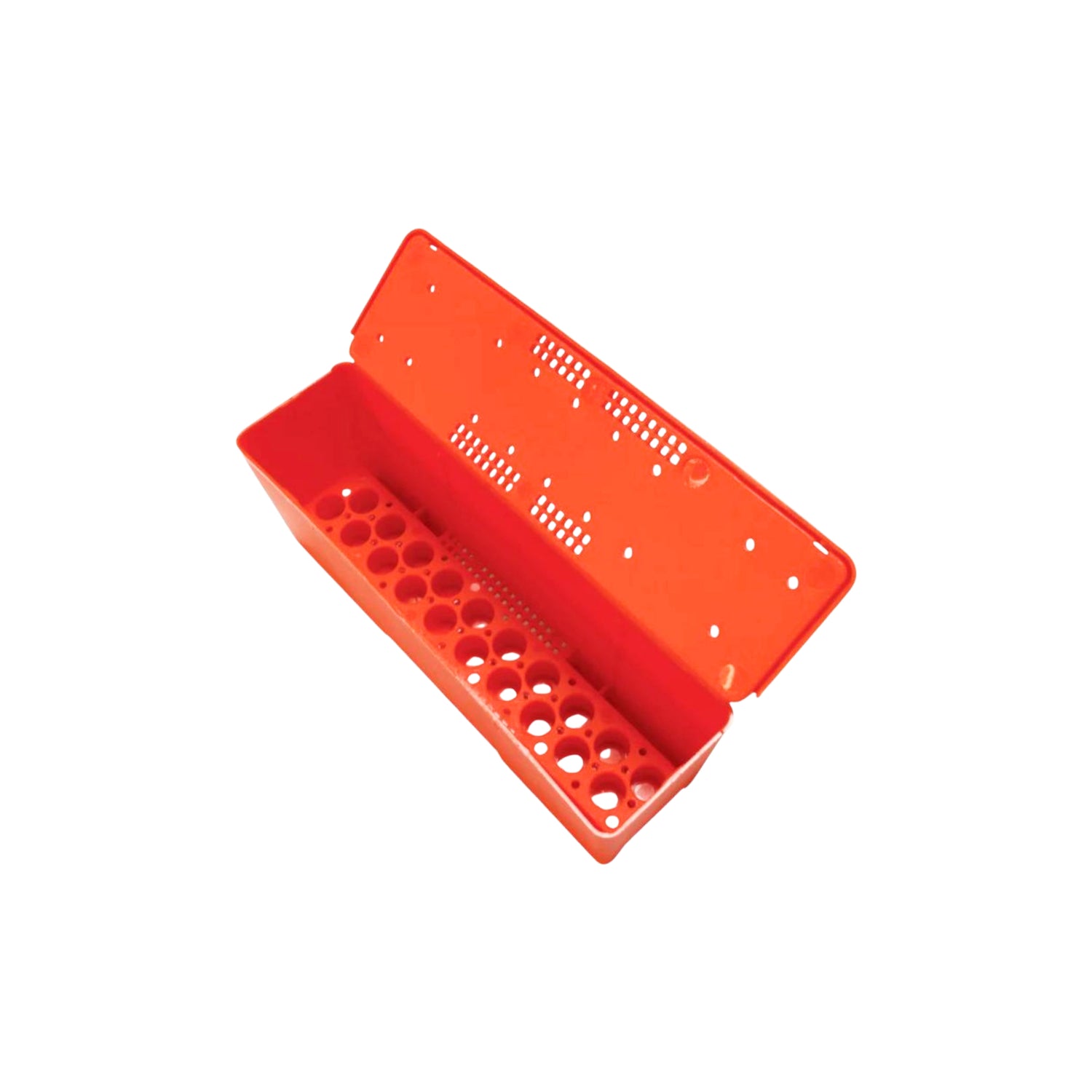 A red battery box designed to hold queen cages for beekeeping, with ventilation holes and a compartment for food and water.