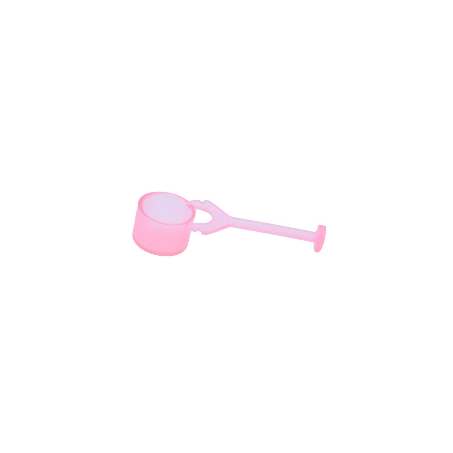An empty pink plastic candy cup used in queen bee rearing on a white background