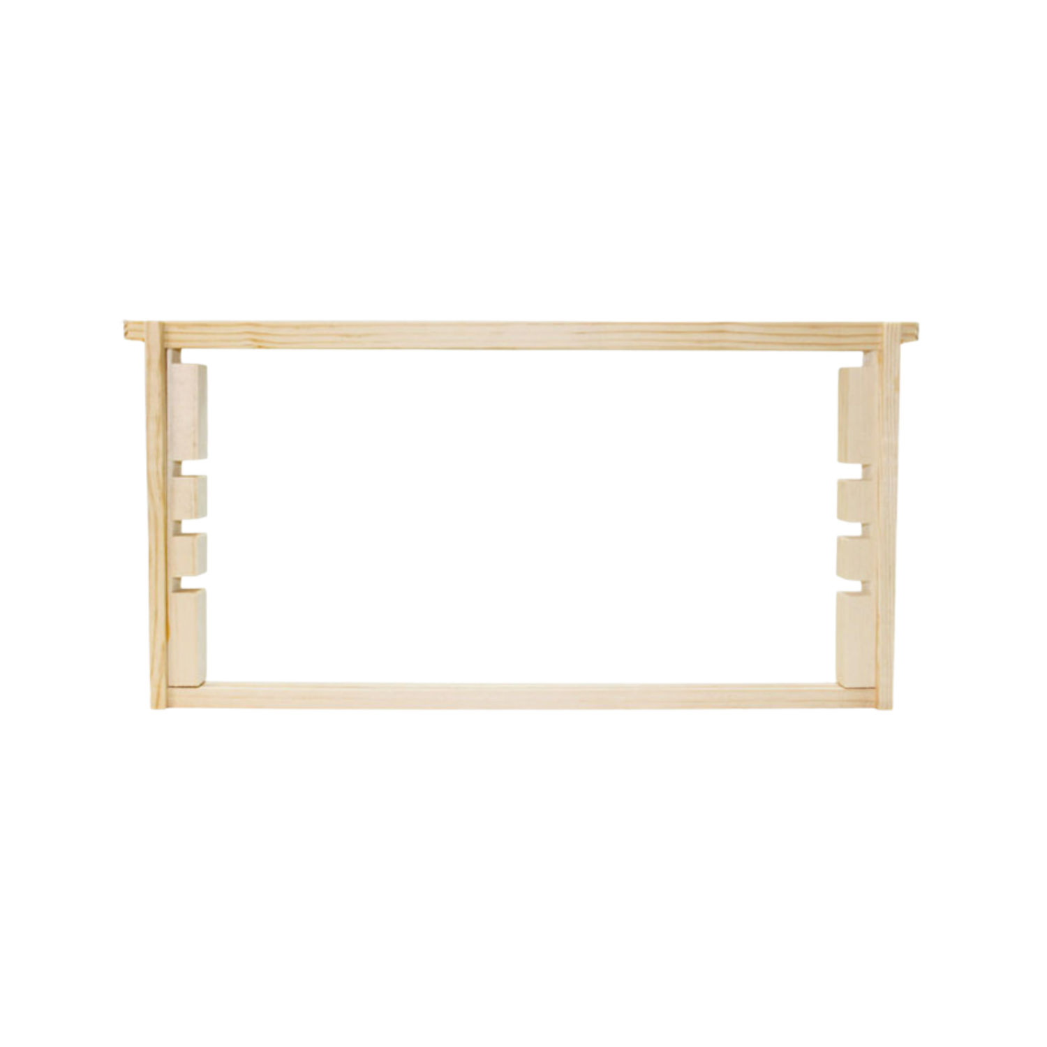 A rectangular wooden beekeeping frame with an open center. The top, bottom, and side bars are made of light-colored wood, and the side bars have evenly spaced slotted cutouts. The frame is shown against a plain white background.