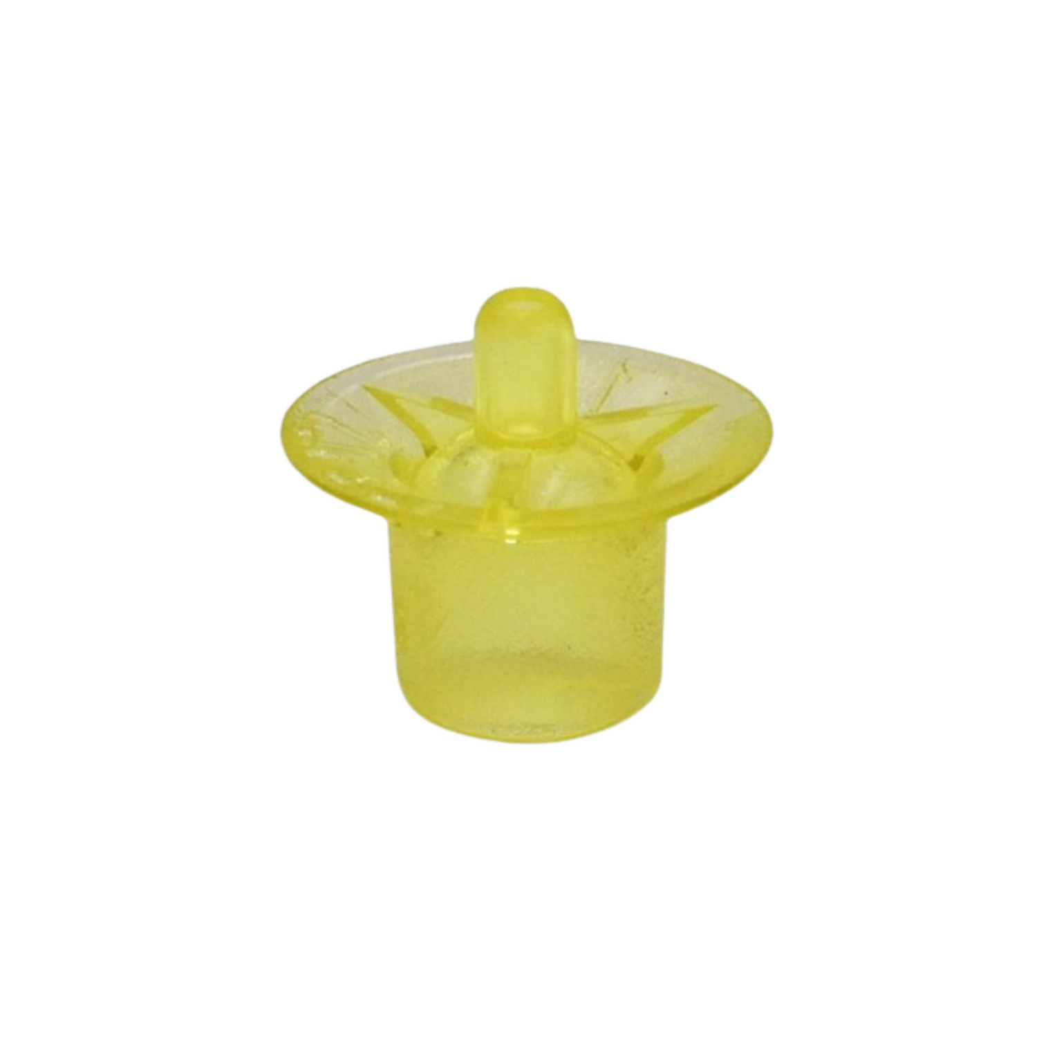 A yellow plastic queen cell cup used in queen rearing on a white background. 