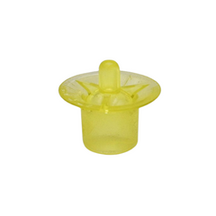 A yellow plastic queen cell cup used in queen rearing on a white background. 