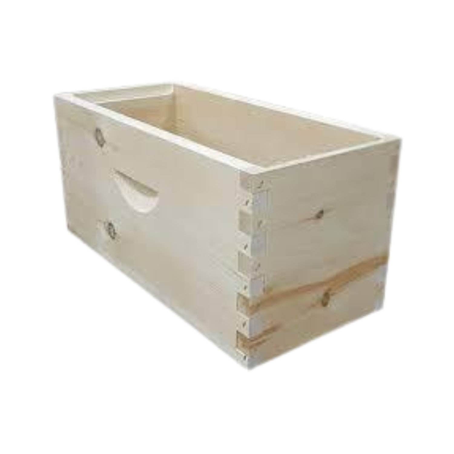 An unfinished wooden rectangular box with dovetail joints at the corners and a cut-out handhold on one side. The interior is open and the wood grain is visible.
