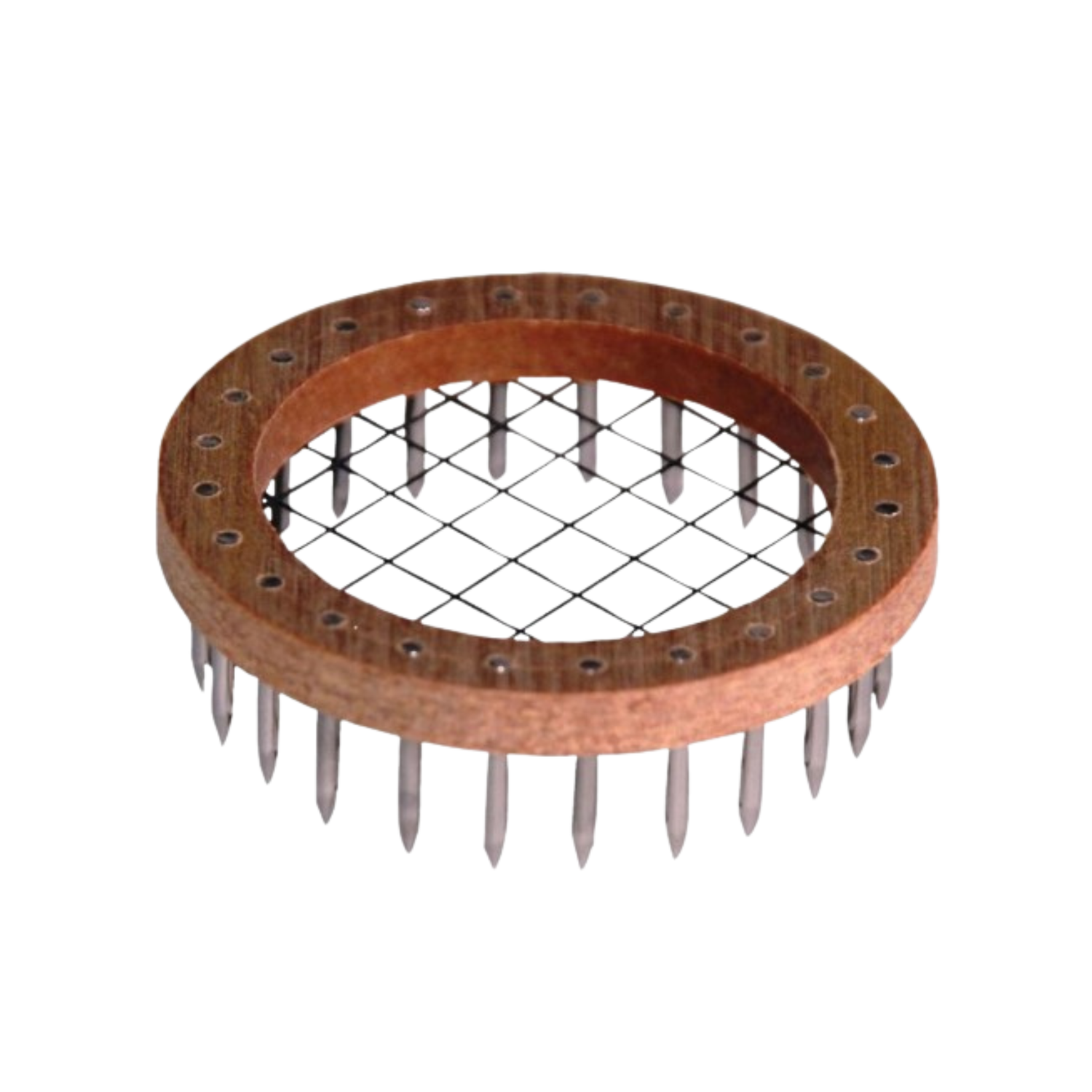 A round wooden disk with a large center opening and a grid of thin black wires stretched across the opening. Metal spikes are attached pointing downward around the entire outer circle. The device is photographed against a plain white background.