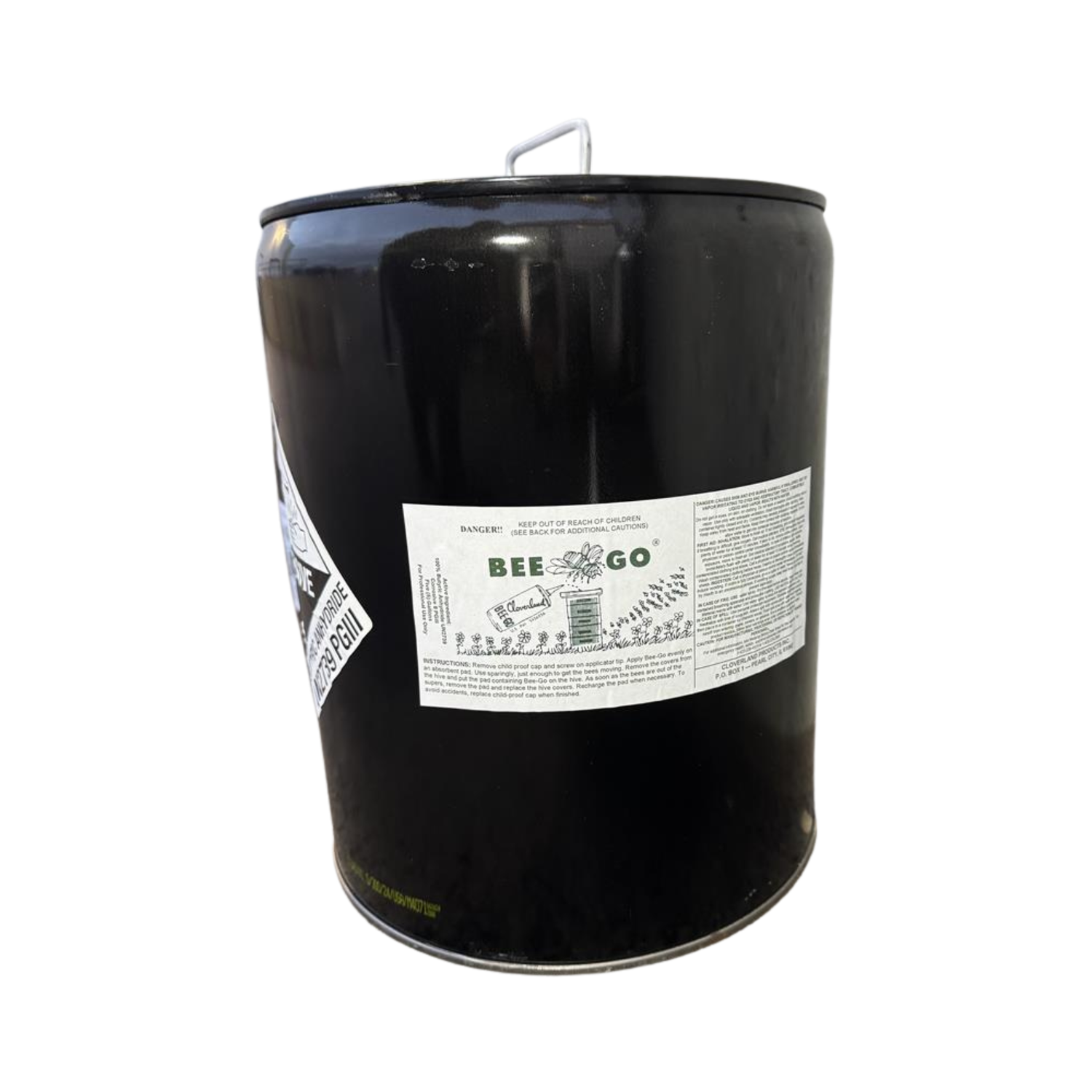 Black metal drum with 'Bee Go' label on a white background