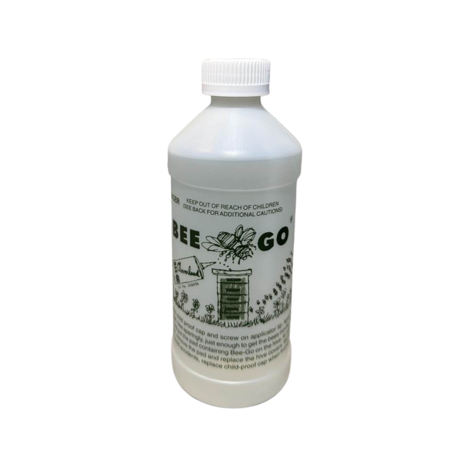 Clear plastic bottle labeled 'Bee Go' on a white background
