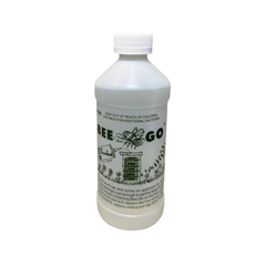 Clear plastic bottle labeled 'Bee Go' on a white background
