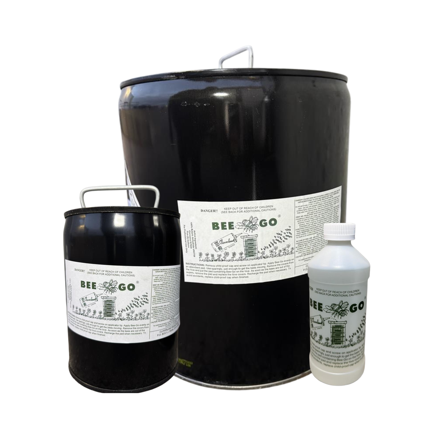 Bee-Go products including a large black container, a smaller black container, and a white bottle on a white background.