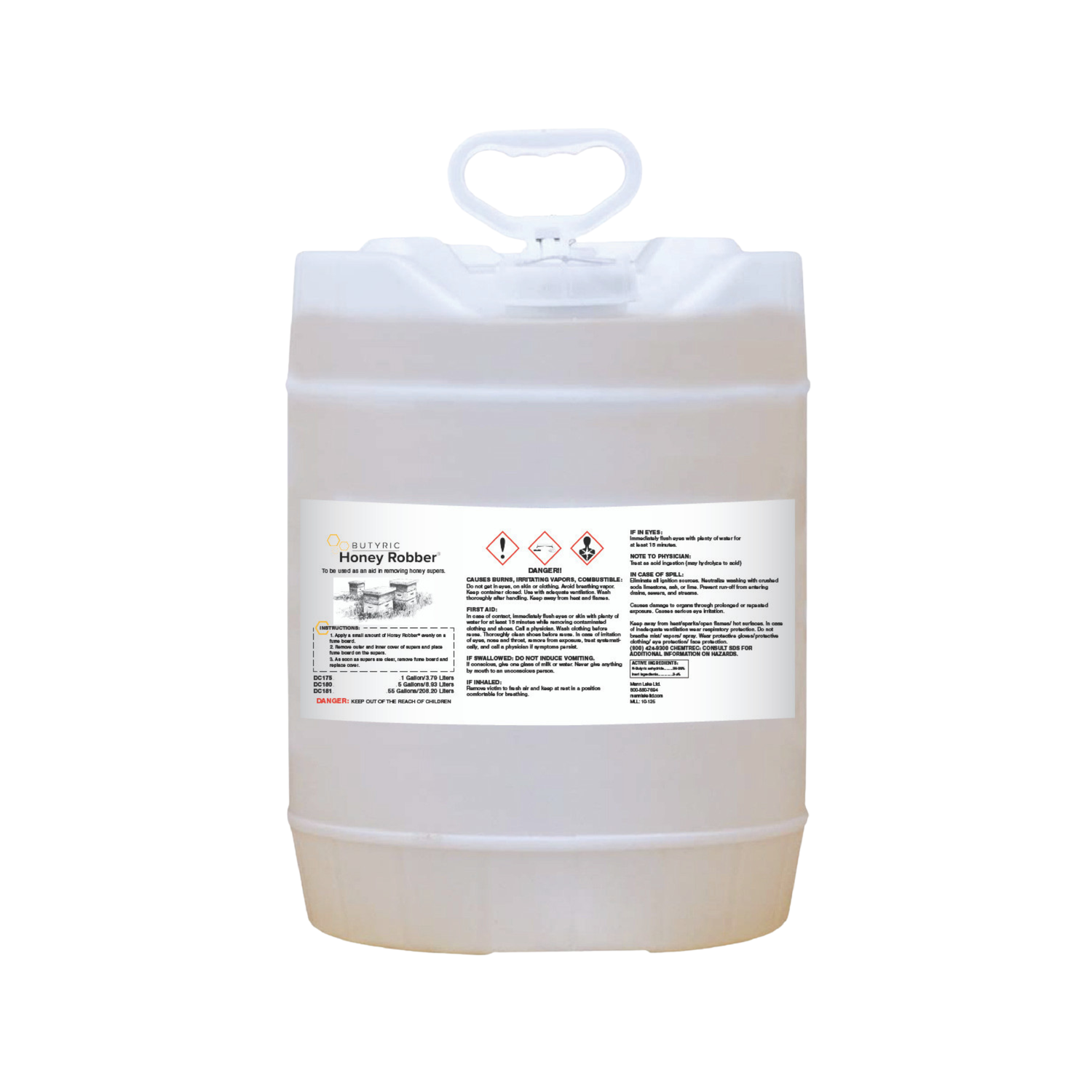 Large clear container with a label of 