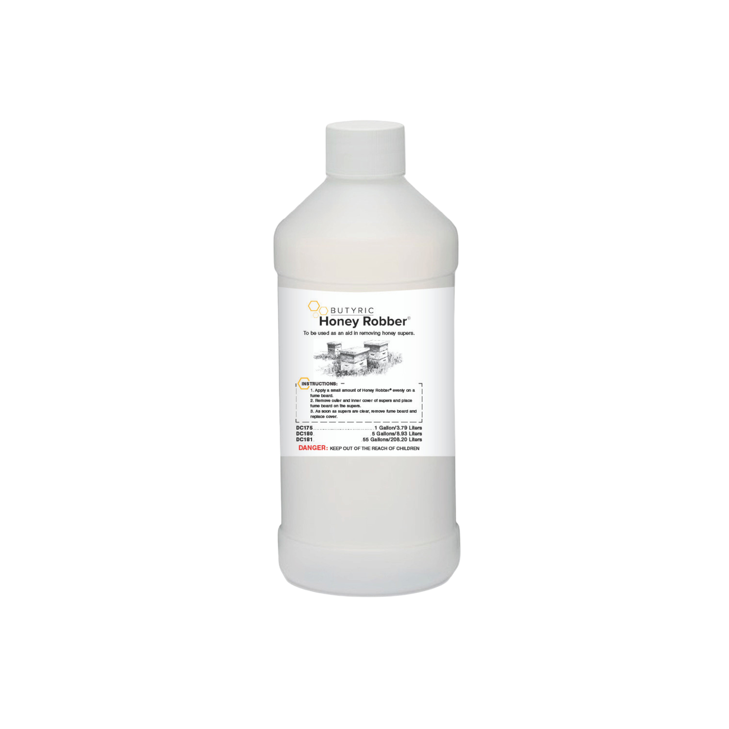 White bottle labeled 'Honey Robber' on a white background