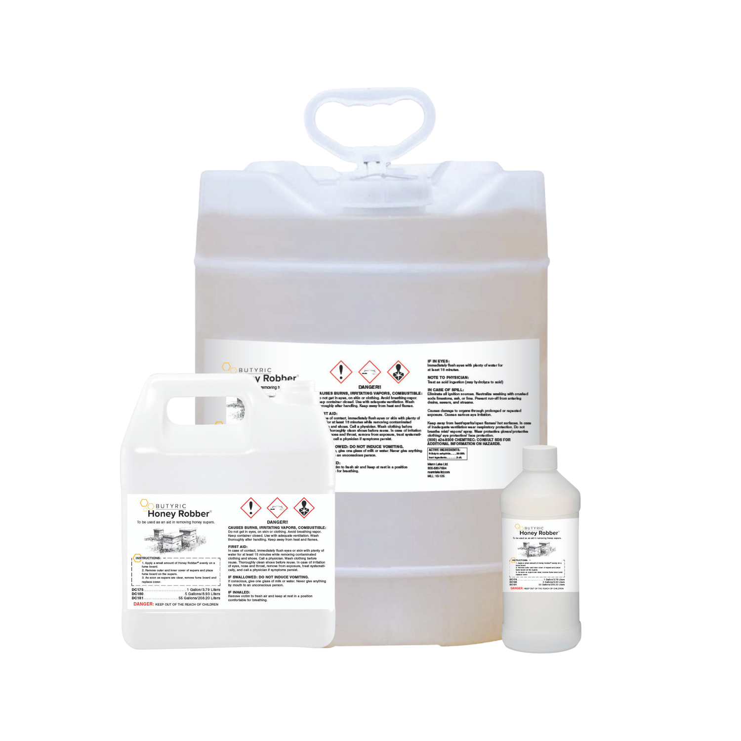 Set of Honey Robber containers with labels on a white background