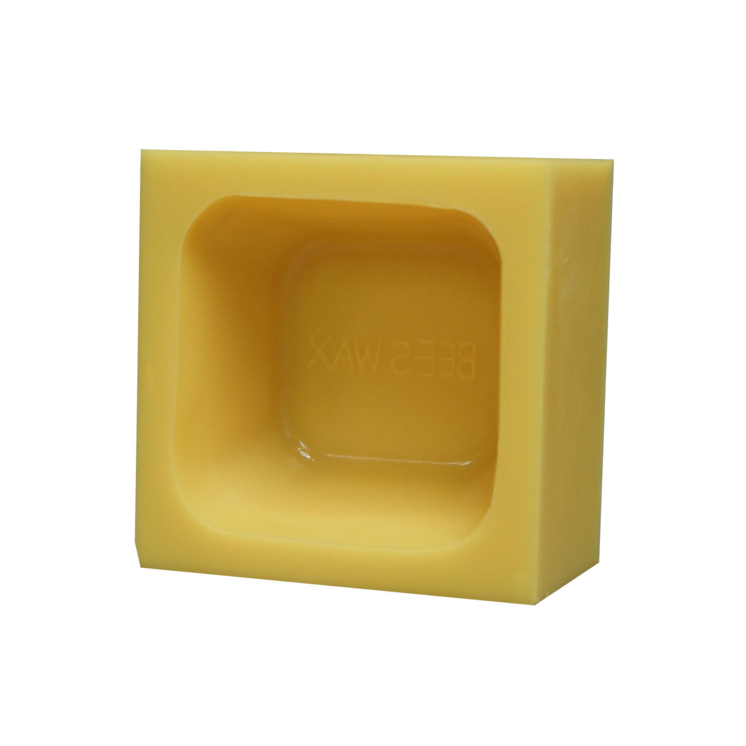 Yellow beeswax block molded into a square shape with a recessed center, embossed with the words “BEES WAX,” shown on a white background.