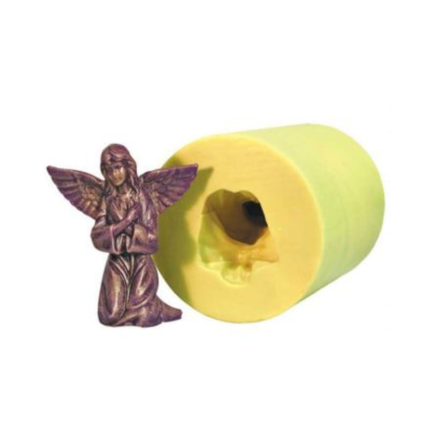 Bronze-coloured angel wax candle next to a yellow candle mold on a white background