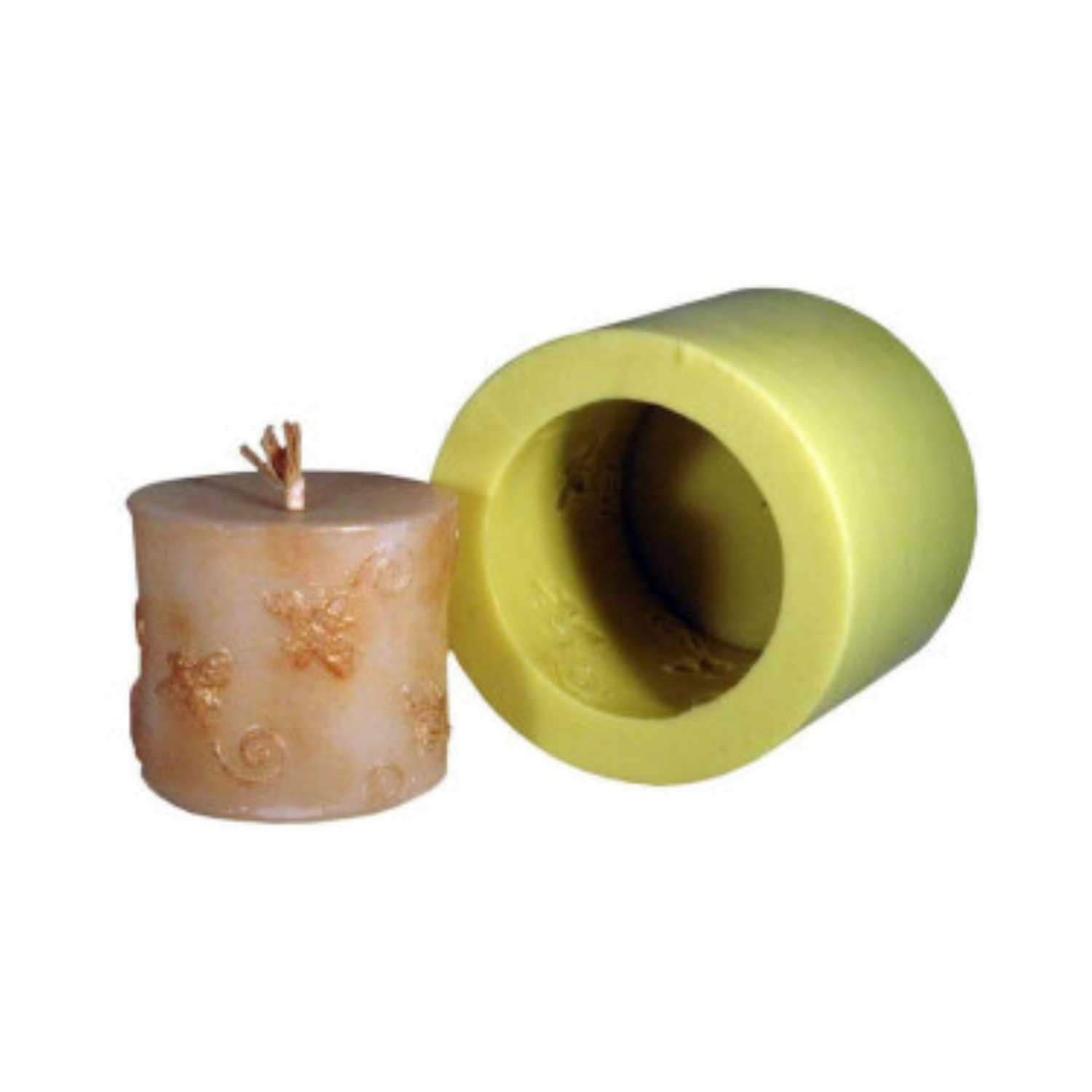 Yellow silicone mold next to its produced candle with bee designs on a white background