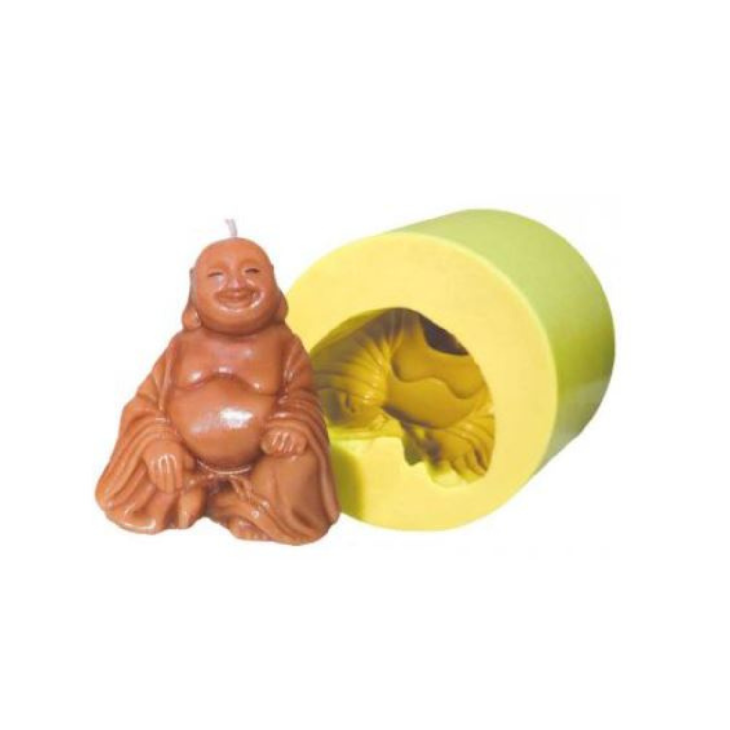 Yellow silicone candle mold with a Buddha-shaped cavity, shown beside a finished brown Buddha candle on a white background.