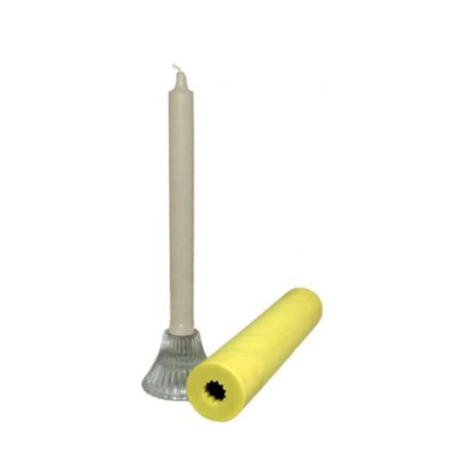 Taper candle with a glass holder shown beside a yellow rubber mold with an opening on a white background.
