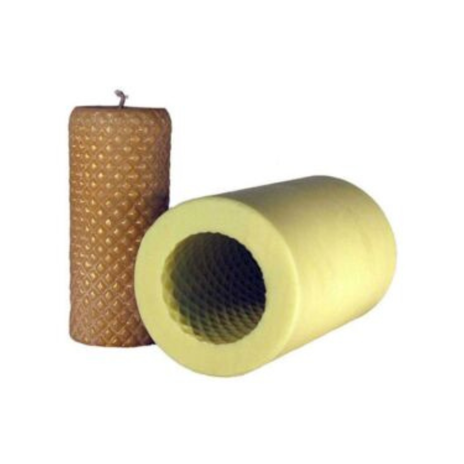 A candle mold with a diamond pattern alongside a candle created using the mold on a white background