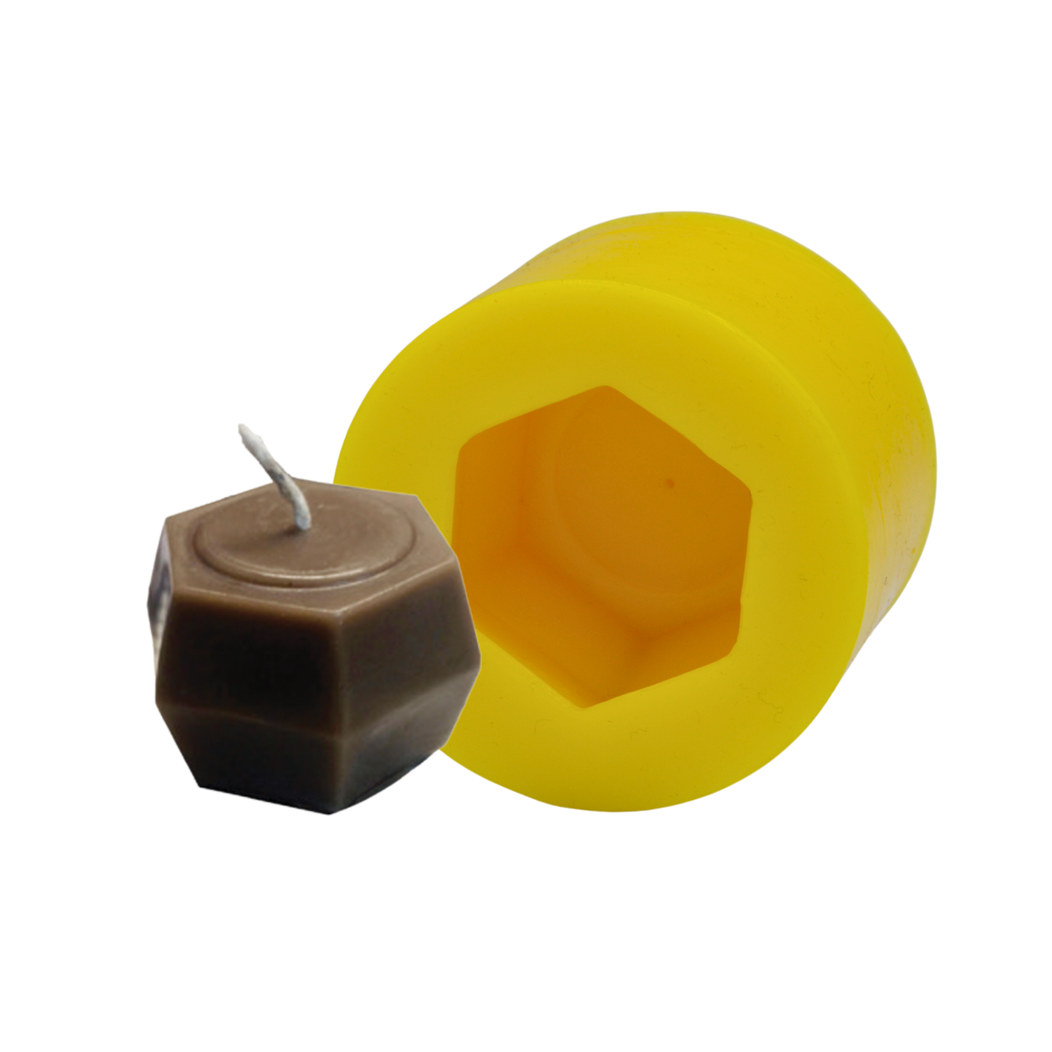 Hexagonal candle mold with a completed brown candle on a white background