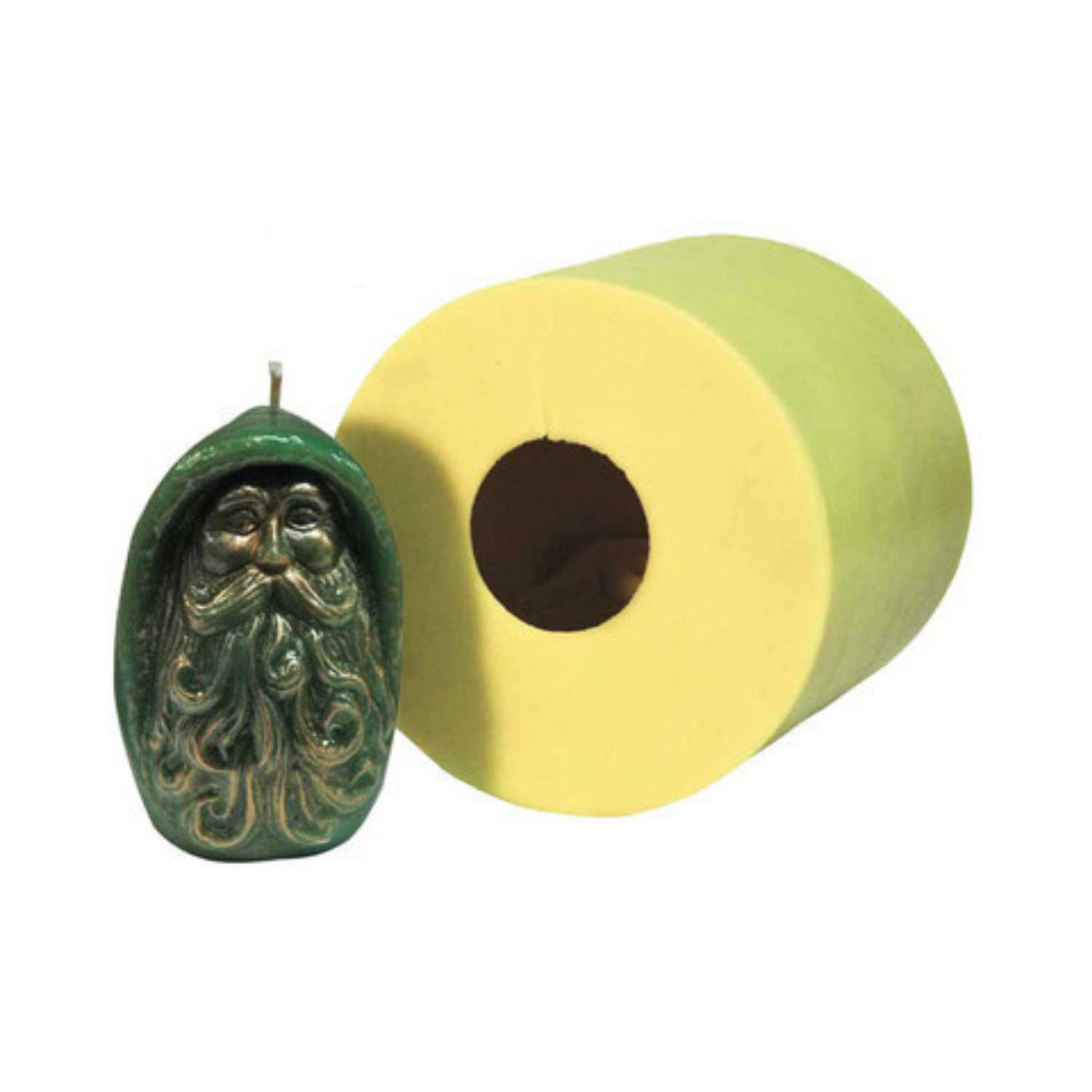 A yellow candle mold next to its produced candle of an old man in an oval shape on a white background