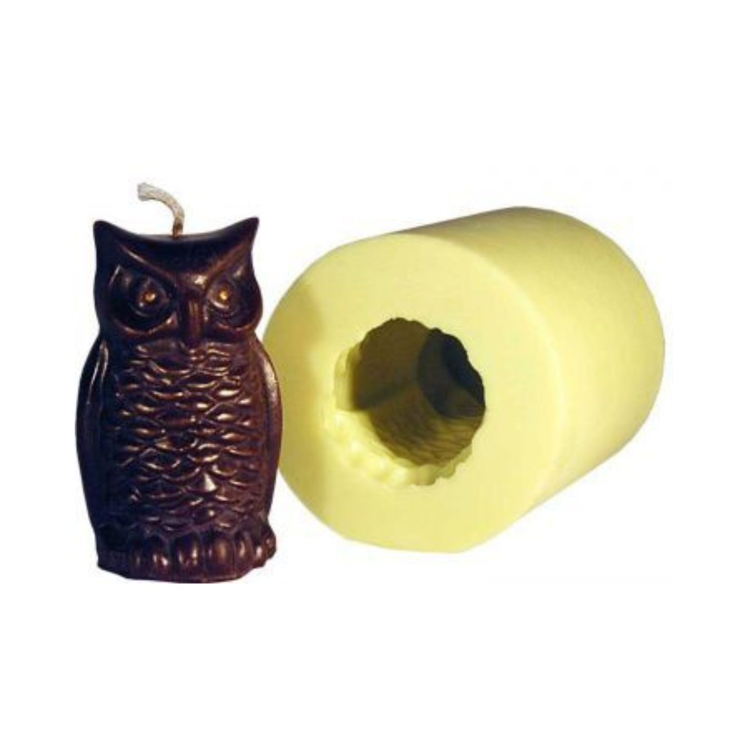 A yellow silicone candle mold next to its produced owl beeswax candle on a white background