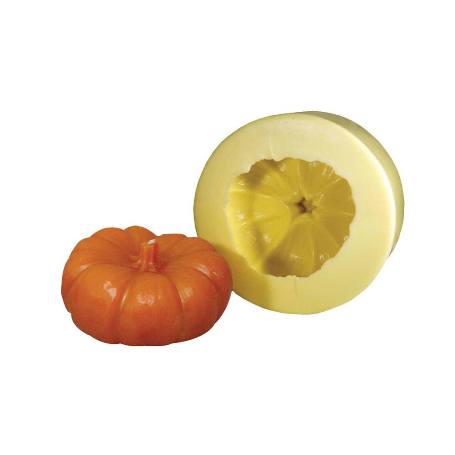 A yellow candle mold next to its produced pumpkin-shaped candle on a white background