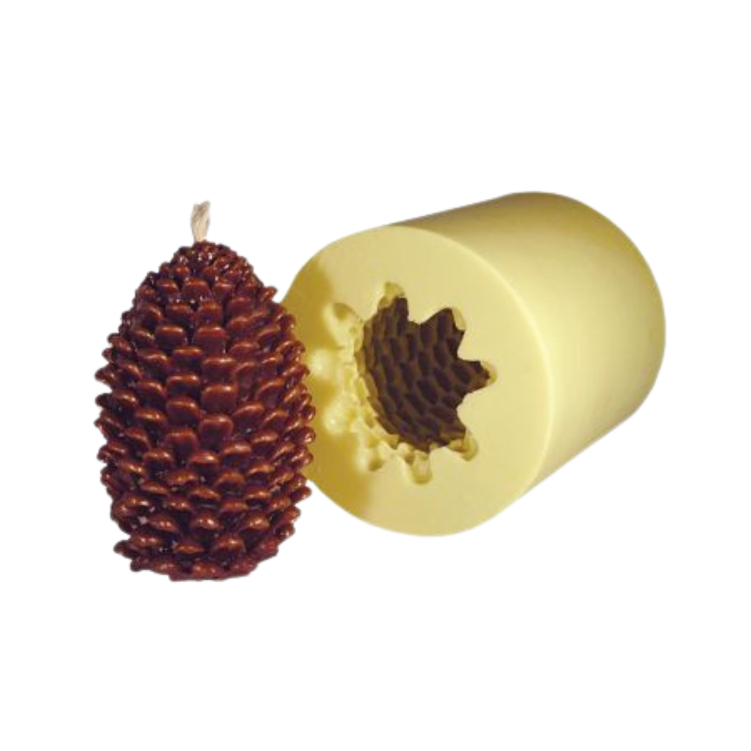 A yellow candle mold next to its produced pinecone-shaped candle on a white background