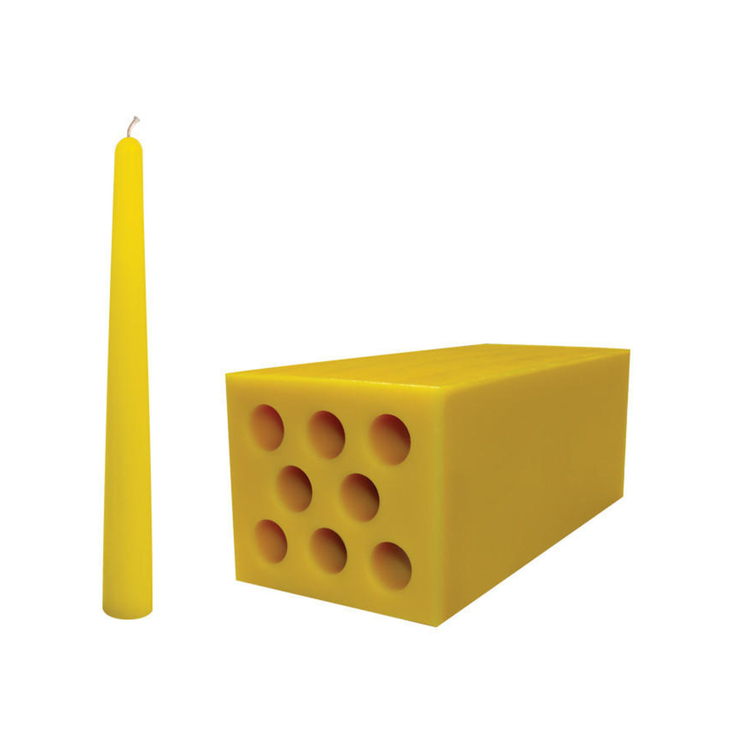 A yellow candle mold next to a produced taper candle on a white background