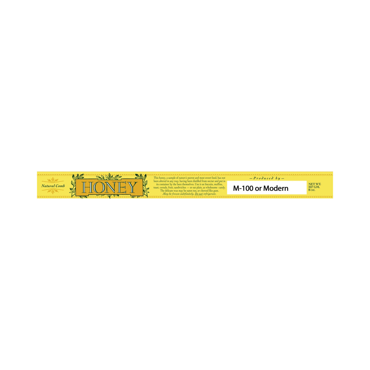 A long, narrow yellow box for Honey Bee Products in style 'M-100 or Modern', featuring green floral illustrations and the word 'HONEY' in large letters.