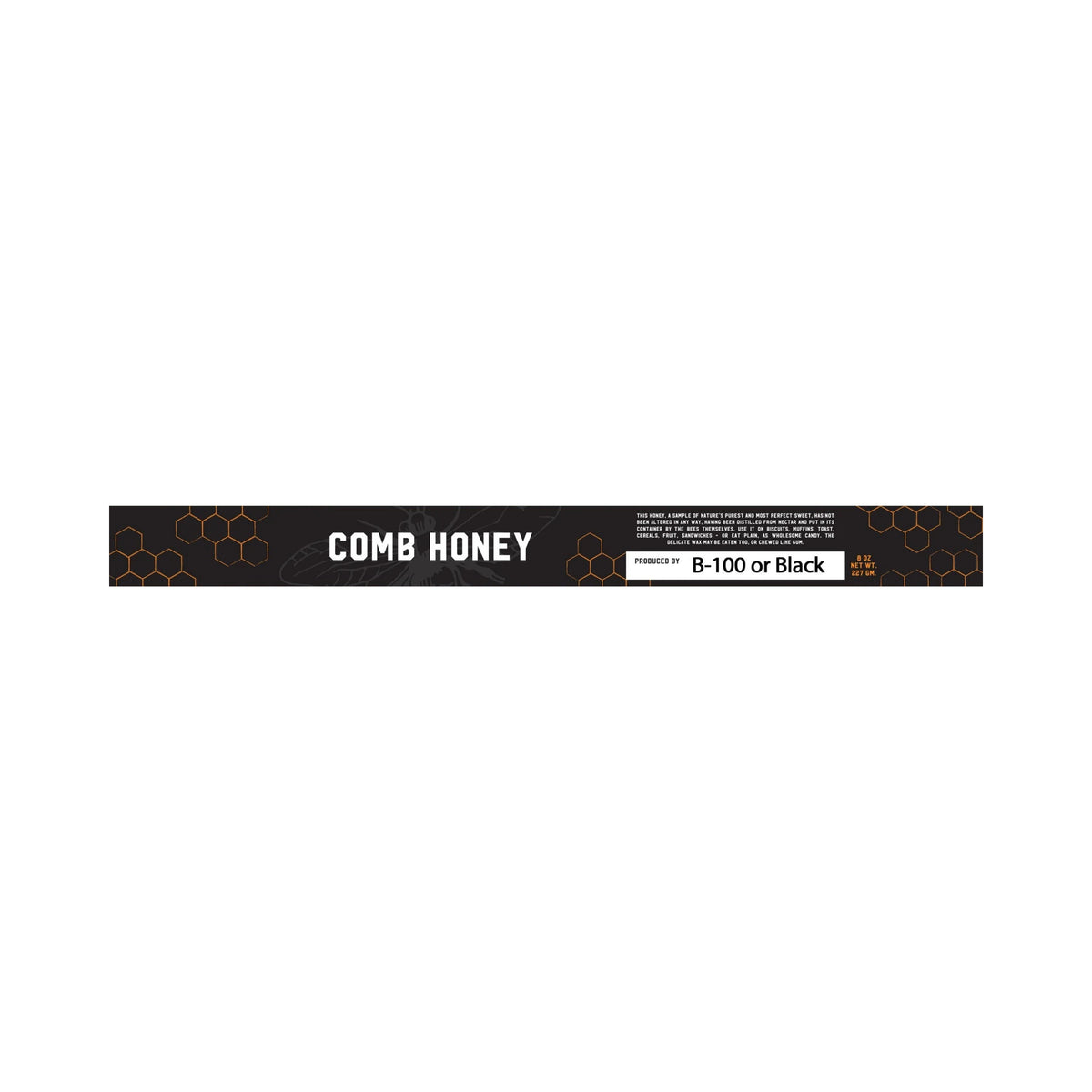 A long, narrow black label for Honey Bee Products in style 'B-100 or Black' on a white background