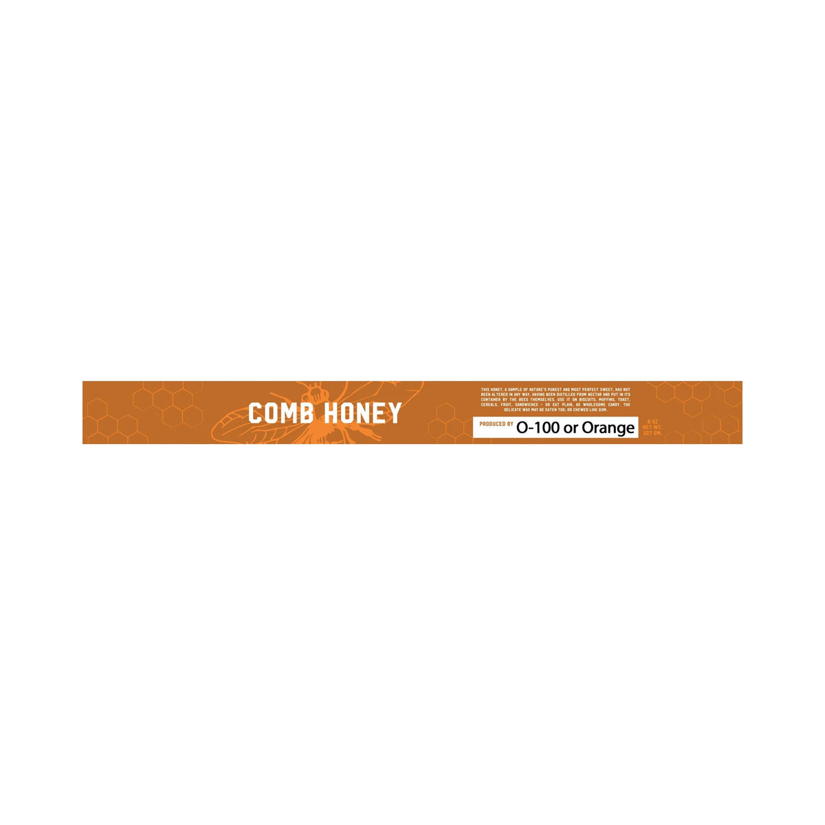 A horizontal brown label for comb honey, featuring white text that reads 'COMB HONEY' and a small white box indicating 'O-100 or Orange'.