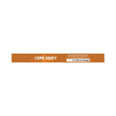A horizontal brown label for comb honey, featuring white text that reads 'COMB HONEY' and a small white box indicating 'O-100 or Orange'.