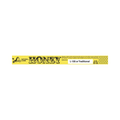 A long, narrow yellow package label for Natural Honey Comb Honey, featuring black text and honeycomb graphics, on a solid white background.