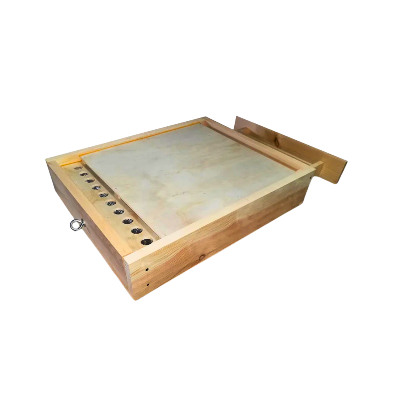 A wooden bottom mount pollen trap on a white background