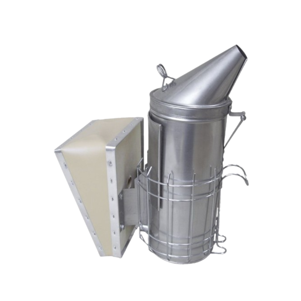A stainless steel beekeeping smoker with a conical spout and a protective wire heat shield around the cylinder. A wooden and canvas bellows is attached to the side for pumping air to produce smoke.