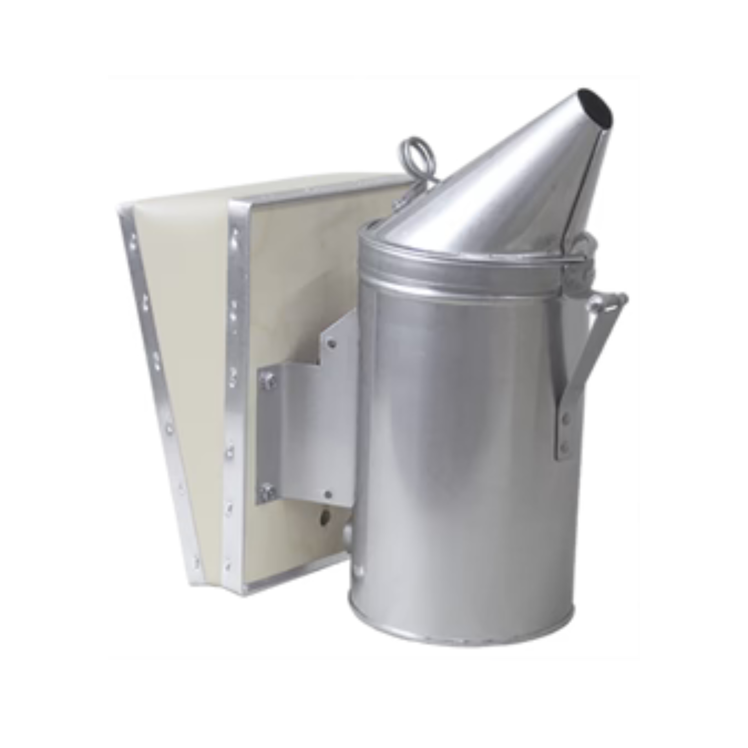 A stainless steel 7 inch Dadant smoker with a full-size vinyl bellows with no heat shield on a white background